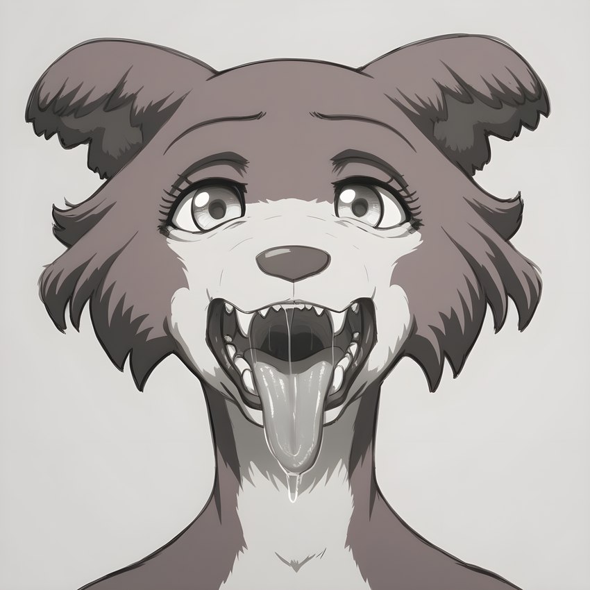 anthro bodily_fluids close-up cute_expression detailed_eyes drooling fangs female fur lips looking_at_viewer open_mouth saliva simple_background smile solo tongue tongue_out vitiligo_(director) beastars juno_(beastars) canid canine canis mammal wolf absurd_res hi_res portrait