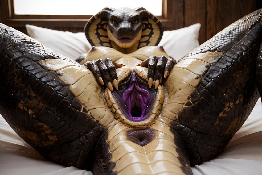 anthro anus black_anus countershading female genitals purple_pussy pussy snake_hood solo spread_legs spread_pussy spreading niru humanoid reptile scalie snake hi_res