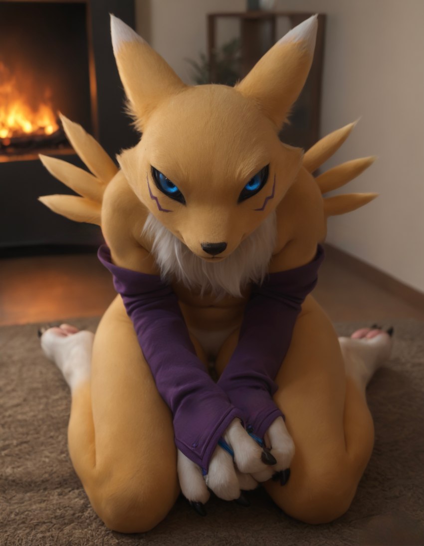 anthro armwear bedroom_eyes black_sclera blue_eyes bridal_gauntlets clothing detailed_background detailed_fur female fireplace grin looking_at_viewer narrowed_eyes neck_tuft on_knees photorealism rug seductive sitting smile solo tuft knotty_sergal digimon_(species) renamon absurd_res detailed hi_res