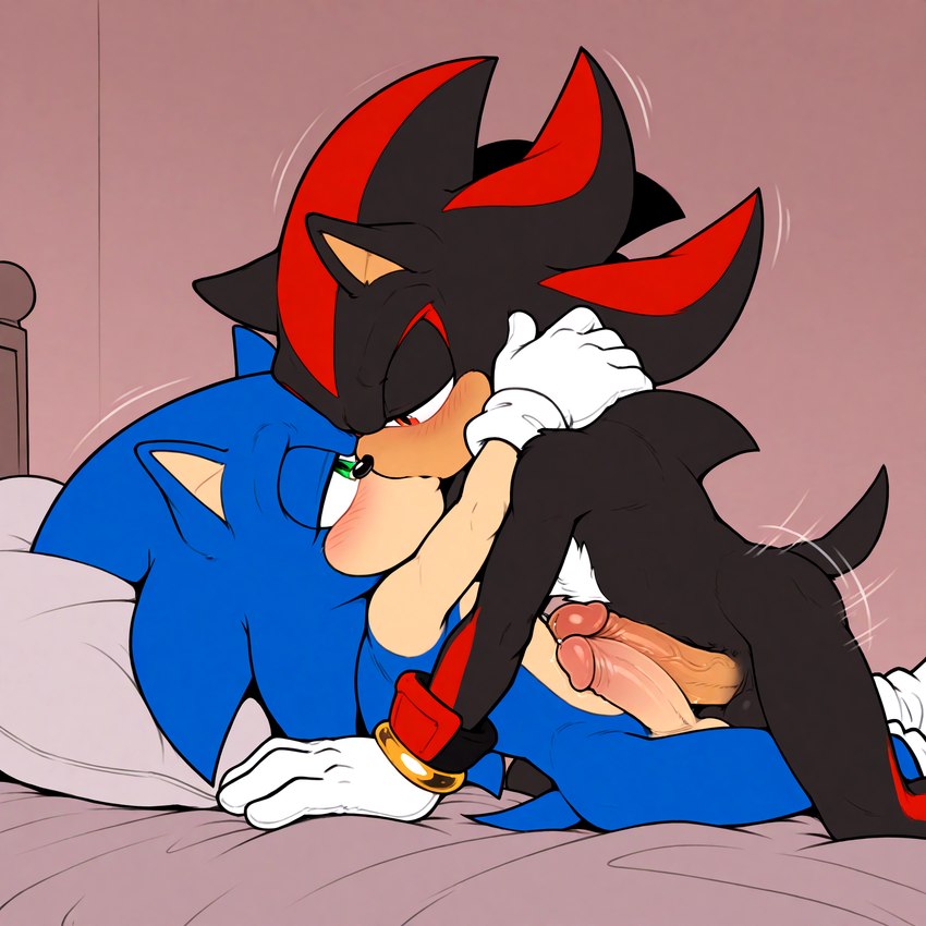 anthro balls bed big_penis blush bodily_fluids clothing duo embrace erection footwear frottage furniture genital_fluids genitals gloves grinding handwear hug kissing leaking_precum lying male male/male motion_lines on_back penis precum sex socks onevice sonic_the_hedgehog_(series) shadow_the_hedgehog sonic_the_hedgehog eulipotyphlan hedgehog mammal hi_res