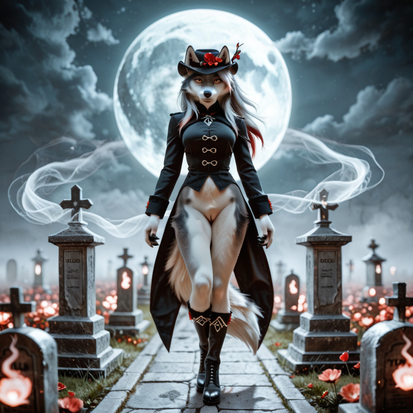 anthro bottomless cemetery clothed clothing dress female genitals looking_at_viewer pussy solo walking_towards_viewer denis0k canid canine canis mammal wolf