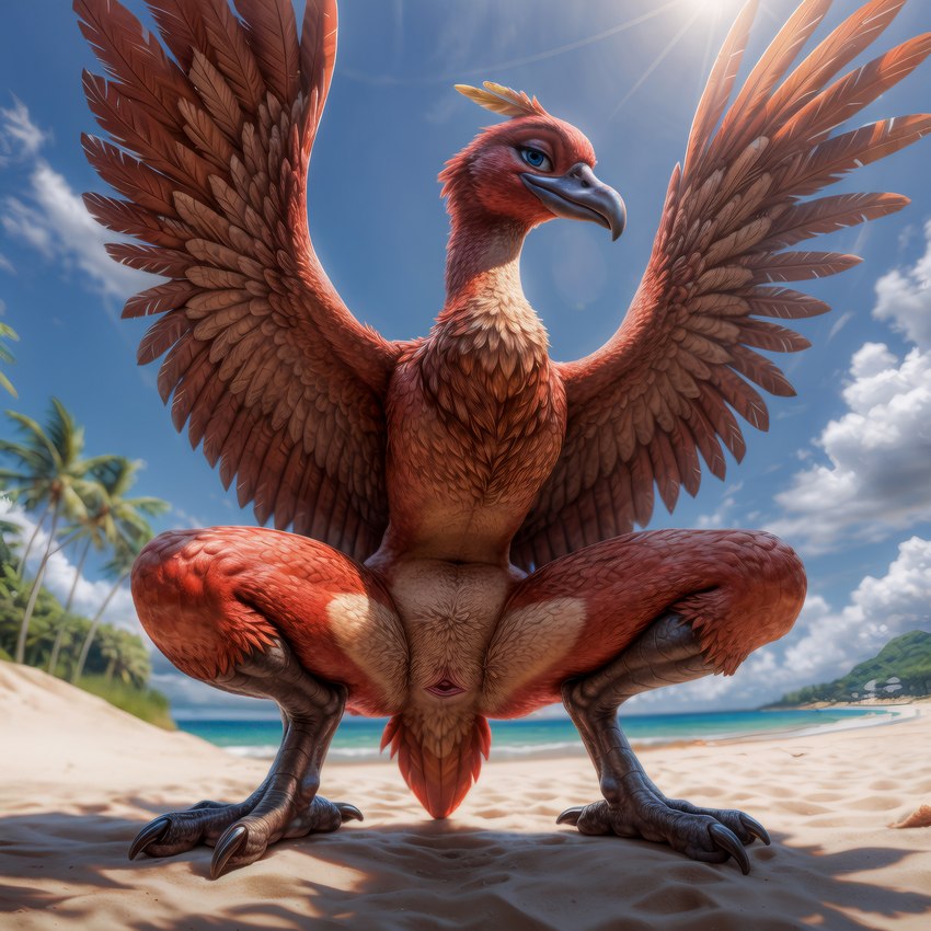 4_toes animal_genitalia anisodactyl avian_butt avian_feet beach beak bedroom_eyes biped bird_feet bird_legs black_beak blue_eyes blue_sky butt claws cloaca cloud crotch_tuft crouching day detailed_background detailed_feathers feathered_wings feathers feet female feral flat_chested front_view genitals light long_neck looking_at_viewer low-angle_view multicolored_body narrowed_eyes nude nude_beach outdoor_nudity outside palm_tree plant presenting presenting_cloaca presenting_pussy pupils pussy red_body red_feathers sand scuted_feet scuted_legs scutes sea seaside seductive semi-anthro sky solo spread_legs spread_wings spreading sun sunlight tail_feathers talons toe_claws toes tree triangular_cloaca tropical tuft water winged_arms wings birdlover kazooie avian bird breegull absurd_res detailed digital_media_(artwork) hi_res