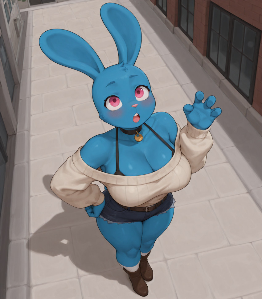 anthro big_breasts black_clothing blue_body blue_clothing blue_fur blush bottomwear breasts brown_clothing brown_footwear cleavage clothed clothed_anthro clothing female female_anthro fingers footwear fur shoes shorts solo topwear white_clothing lewdtf nicole_watterson lagomorph leporid mammal rabbit invalid_tag 2025 4k digital_drawing_(artwork) digital_media_(artwork) hi_res stable_diffusion