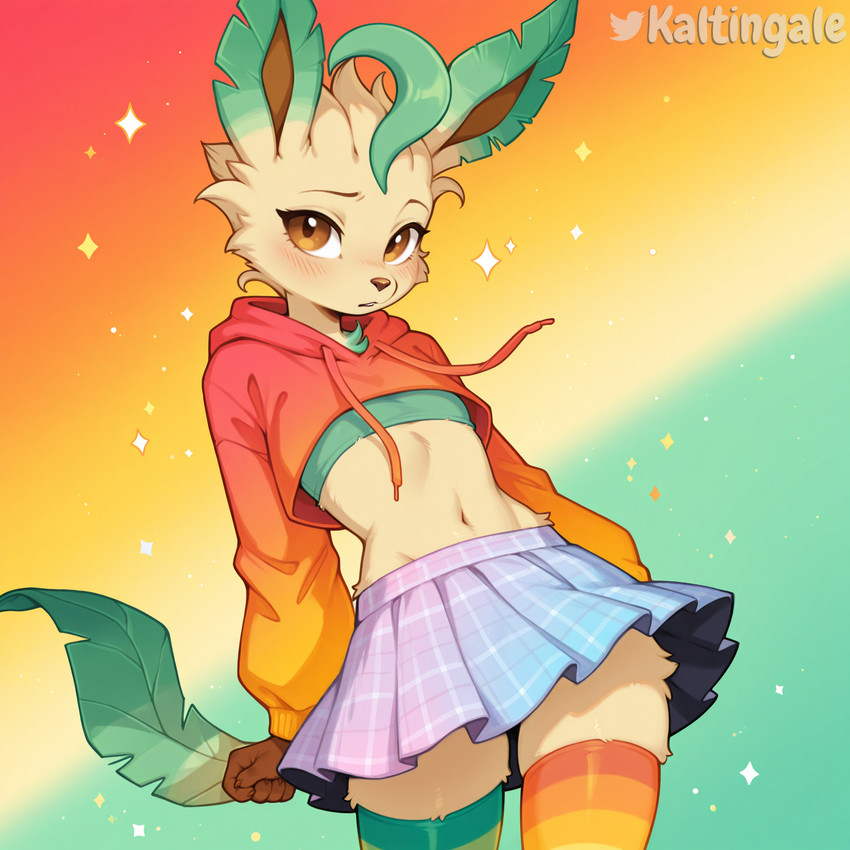 5_fingers absolute_territory anthro blush bottomwear bra brown_eyes claws clothed clothing cropped_hoodie crossdressing femboy fingers front_view fur hoodie legwear looking_at_viewer male midriff navel pattern_clothing pattern_legwear pleated_skirt simple_background skirt slim solo sparkles standing striped_clothing striped_legwear stripes tan_body tan_fur thigh_highs topwear tuft underwear kaltingale_(director) nintendo pokemon eeveelution generation_4_pokemon leafeon pokemon_(species) 1:1 director_name hi_res watermark