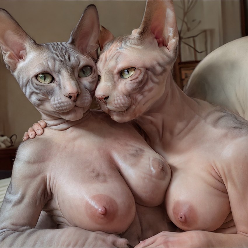 anthro bedroom breast_squish breasts duo exposed_breasts female female/female green_eyes hairless nipples nude squish splice domestic_cat felid feline felis hairless_cat mammal absurd_res hi_res