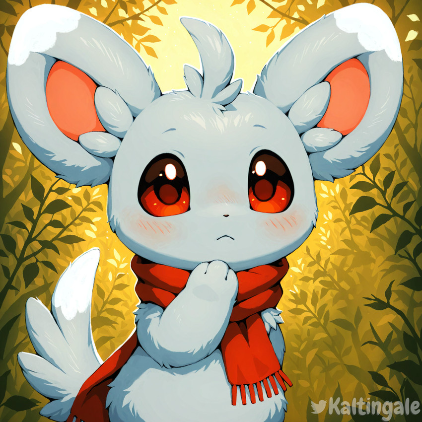 3_fingers ambiguous_gender blush feral fingers fluffy front_view fur grey_body grey_fur long_tail looking_at_viewer nature nature_background red_eyes scarf solo standing tail tuft white_body white_fur kaltingale_(director) nintendo pokemon pokemon_mystery_dungeon spike_chunsoft minco_(character) generation_5_pokemon minccino pokemon_(species) hi_res portrait signature