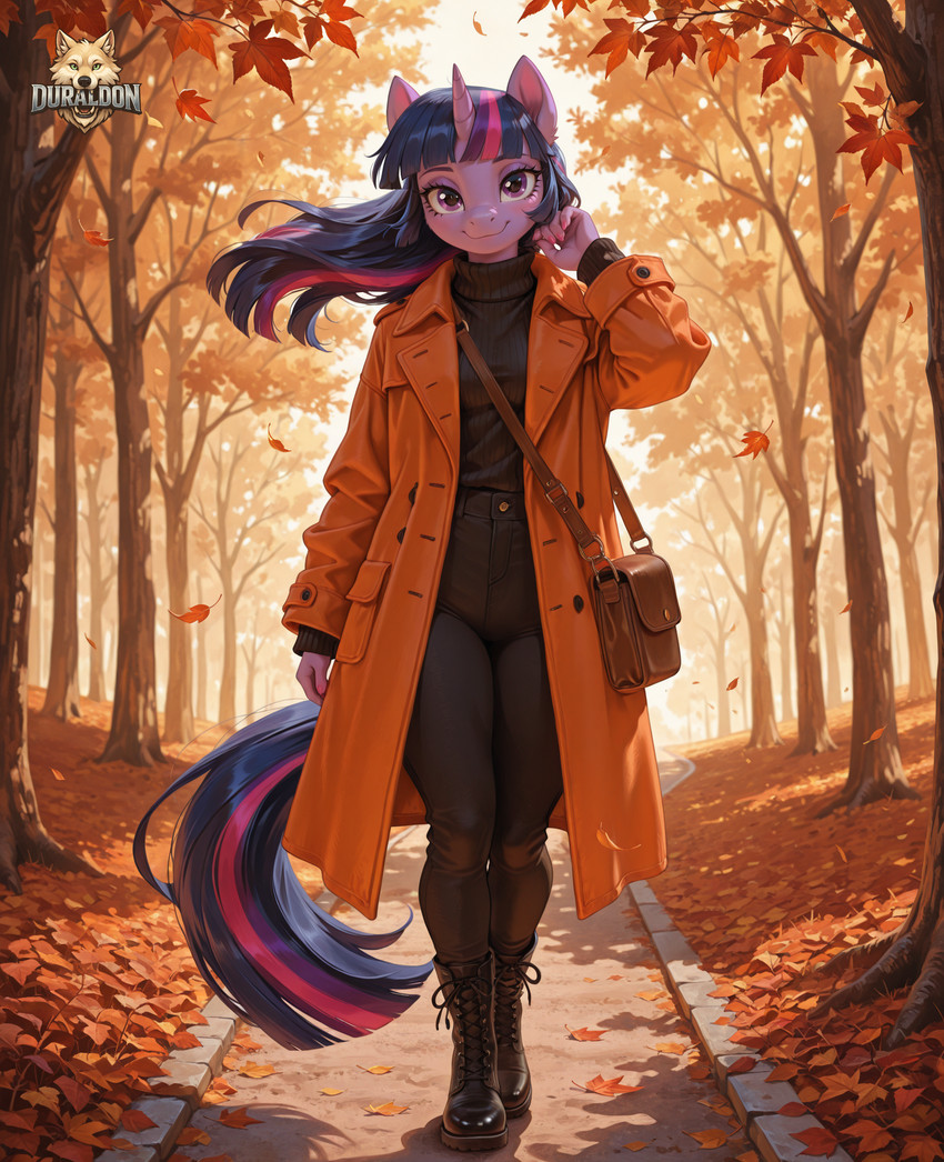 anthro autumn autumn_forest autumn_leaves autumn_trees bag black_boots black_bottomwear black_clothing black_footwear black_pants black_pupils blue_hair boots bottomwear breasts clothing coat colored_nails curvy_figure eyebrows falling_leaves female footwear hair highlights_(coloring) horn looking_at_viewer multicolored_hair multicolored_tail nails pants park pink_hair pink_highlights pink_nails plant pupils purple_body purple_eyebrows purple_eyes purple_hair purple_highlights purple_skin smile solo standing sweater topwear tree turtleneck duraldon friendship_is_magic my_little_pony twilight_sparkle_(mlp) equid equine horse mammal hi_res