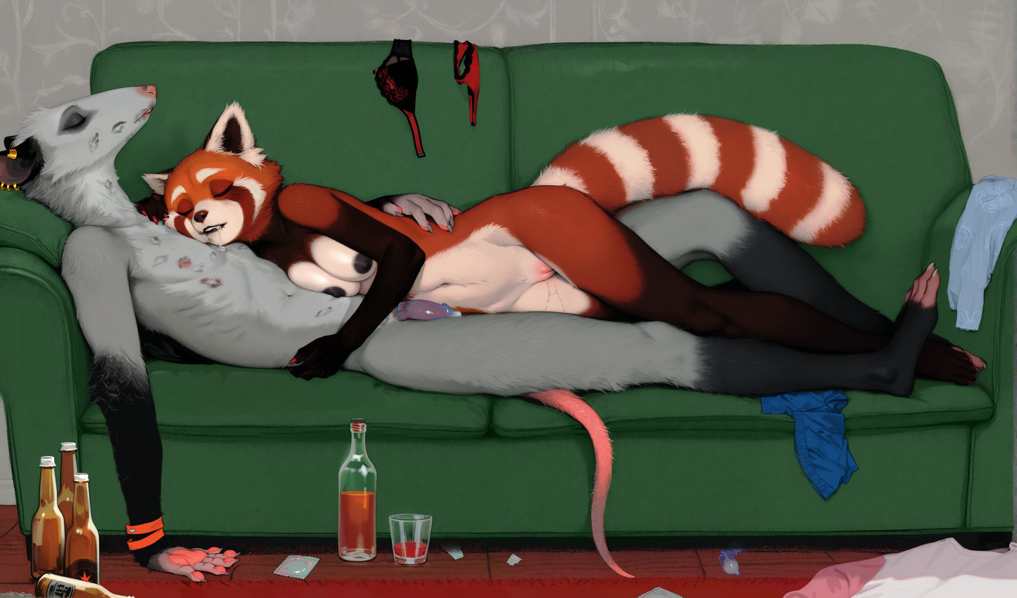 5_fingers after_sex alcohol anthro anthro_on_anthro areola beer_bottle beverage bite_mark black_areola black_body black_clothing black_ears black_fur black_lipstick black_nipples blush bodily_fluids body_blush bottle bottomwear boxers_(clothing) bra bracelet breasts brown_body brown_fur brown_nose chest_tuft claws clothing colored_nails condom condom_disposal condom_wrapper container countershade_face countershade_torso countershading cuddling cup detailed_background discarded_clothing drinking_glass dripping drooling drunk duo ear_piercing ear_ring eyebrows eyes_closed facial_markings facial_piercing feet female filled_condom finger_claws fingers flaccid floor fur furniture genital_fluids genitals glass glass_container glass_cup gloves_(marking) grey_body grey_claws grey_fur hand_on_another's_waist head_markings humanoid_genitalia humanoid_hands humanoid_penis inside interspecies jewelry kiss_mark larger_male leg_markings lipstick lipstick_on_penis long_tail lying lying_on_back lying_on_sofa makeup male male/female markings medium_breasts multicolored_body multicolored_fur nails navel nipples nude on_back on_side on_sofa open_mouth orange_body orange_fur panties pants pawpads penis piercing pink_areola pink_nipples pink_nose pink_tail pussy pussy_blush red_body red_carpet red_claws red_fur ring_(marking) ring_piercing ringtail saliva sexual_barrier_device shirt size_difference sleeping smaller_female smearing socks_(marking) sofa striped_markings striped_tail stripes substance_intoxication tail tail_markings tan_body tan_fur teeth thong toe_claws toes topwear tuft two_tone_body underwear wall_(structure) wearing_condom whiskey white_body white_fur wood_floor soloko ailurid american_opossum didelphid mammal marsupial red_panda virginia_opossum absurd_res hi_res