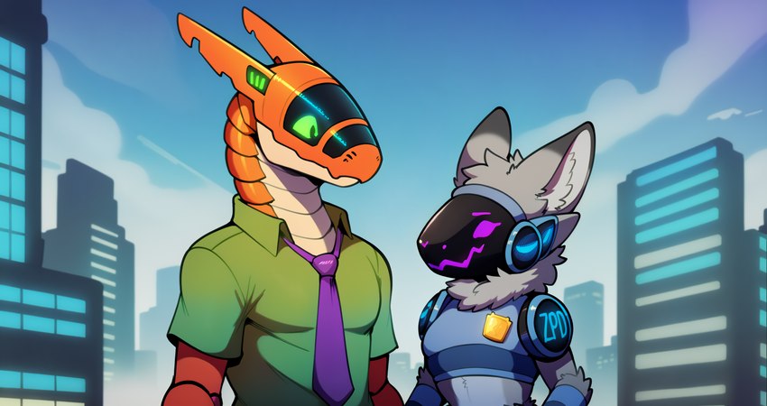 alternate_species anthro city city_background clothing cloudscape duo ears_up female machine male male/female necktie police_uniform protogen_visor shirt sky t-shirt topwear uniform zootopia hank94_(director) judy_hopps nick_wilde canid canine fox lagomorph leporid mammal protogen rabbit synth_(vader-san) hi_res