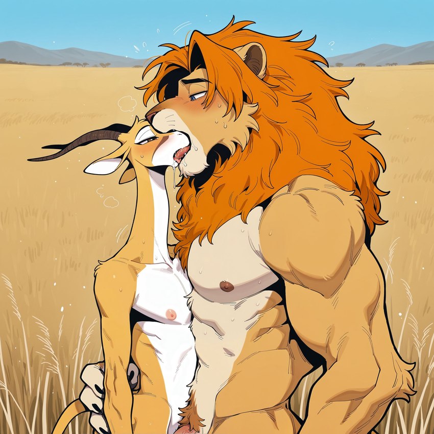 abs anthro anthro_on_anthro biceps blue_eyes blush bodily_fluids claws dominant dominant_male duo embrace femboy french_kissing fur hair hand_on_butt hand_on_hip holding_partner horn hug interspecies kissing larger_male licking long_neck looking_at_another male male/male mane muscular muscular_anthro muscular_male narrowed_eyes nipples nude outside pecs predator/prey pubes saliva saliva_on_face saliva_string savanna size_difference smaller_male submissive submissive_male sweat tan_body tan_fur tongue tongue_out tuft white_body white_fur anonymous_director antelope bovid felid gazelle lion mammal pantherine hi_res