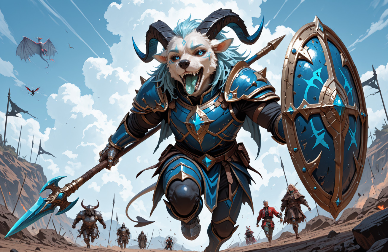 anthro armor battle male melee_weapon polearm running shield solo spear warrior weapon anubiten_(director) demon hi_res