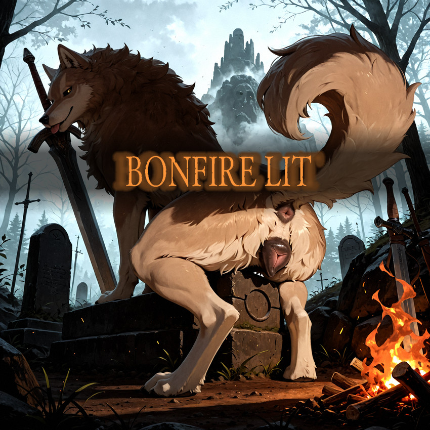anatomically_correct anatomically_correct_genitalia animal_genitalia animal_pussy anus blep bonfire canine_genitalia canine_pussy digitigrade female feral fire fog genitals glowing glowing_eyes looking_at_viewer looking_back melee_weapon one_eye_closed plant presenting presenting_pussy pussy raised_tail solo sword tail_anus tongue tongue_out tree weapon wink pleasedontlook dark_souls great_grey_wolf_sif canid canine canis mammal wolf hi_res