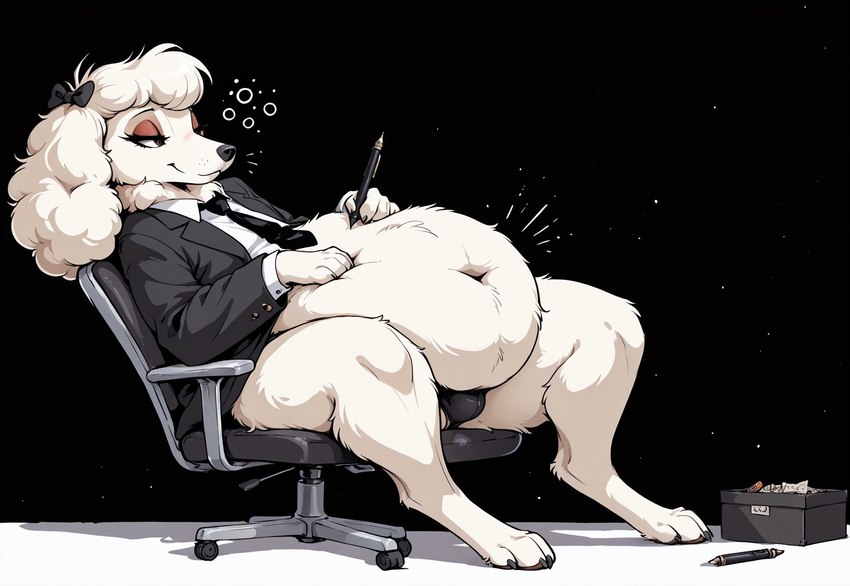 anthro belly big_belly black_background briefs chair clothed clothing fur furniture jacket male necktie on_chair overweight overweight_male partially_clothed shirt simple_background sitting sitting_on_chair solo topwear underwear white_body white_fur ffox475 canid canine canis domestic_dog mammal poodle hi_res