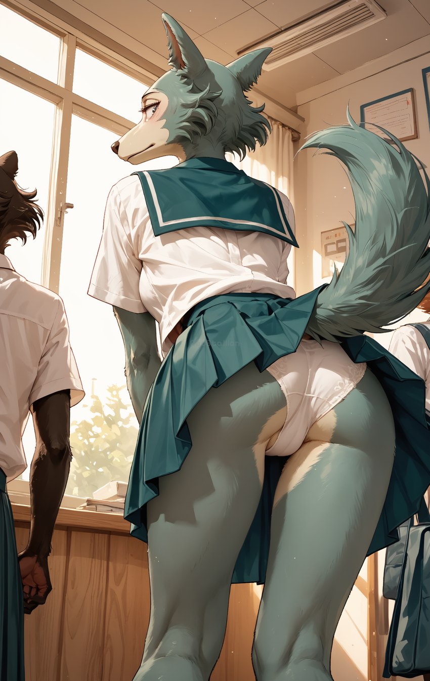 anthro blush bottomwear clothed clothing crossdressing low-angle_view male raised_tail school_uniform skirt solo_focus uniform upskirt redstallion_(director) beastars legoshi_(beastars) canid canine canis mammal wolf absurd_res hi_res