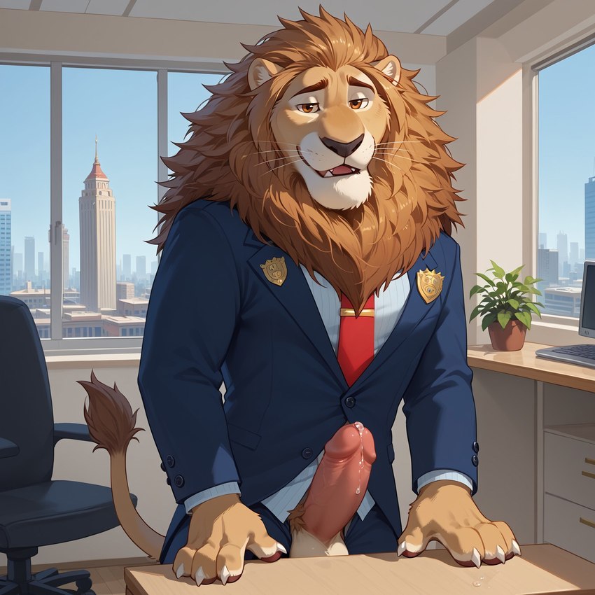 anthro bodily_fluids clothed clothing disney dripping formal_clothing genital_fluids genitals male office penis precum precum_drip solo girka zootopia leodore_lionheart felid feline lion mammal pantherine hi_res