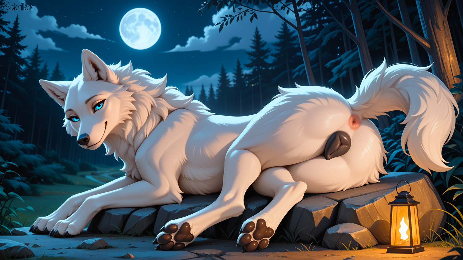 4_toes animal_genitalia animal_pussy anus black_nose black_pawpads black_pussy blue_eyes butt canine_genitalia canine_pussy claws cloud cloudy ears_up eyebrows eyelashes feet female feral fluffy fluffy_fur fluffy_tail forest forest_background full_moon fur genitals inviting lamp lantern light looking_at_viewer lying lying_on_ground lying_on_side moon moonlight mouth_closed nature nature_background night outside pawpads paws plant presenting presenting_anus presenting_hindquarters presenting_pussy pussy raised_tail rock seductive shrub sky smile snout solo star tail toes tree white_body white_ears white_fur white_legs white_tail skrilleth canid canine canis mammal wolf hi_res