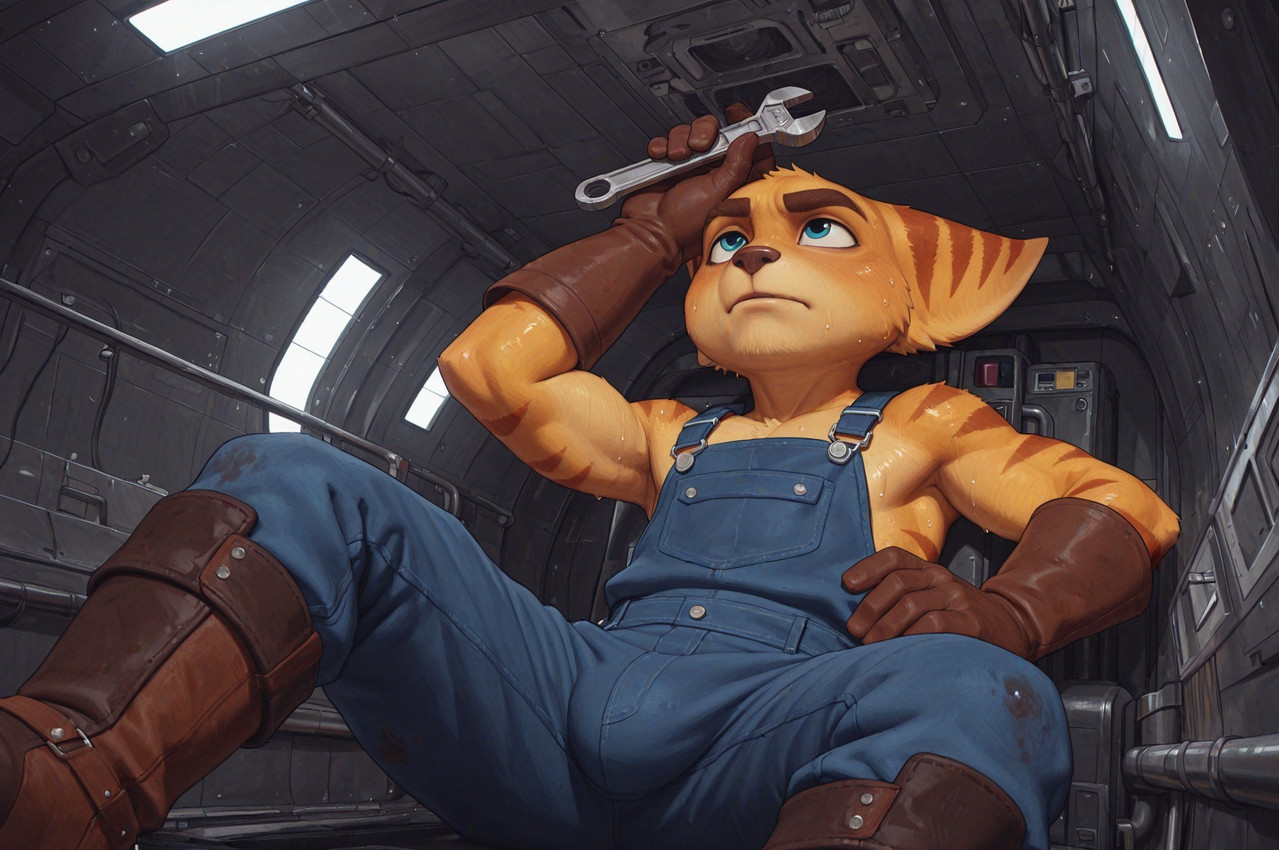 anthro athletic athletic_male bodily_fluids boots brown_stripes bulge clothed clothing dirty_clothing footwear fur gloves handwear holding_object holding_tool leaning leaning_back male mechanic overalls sitting solo spread_legs spreading striped_body stripes sweat sweaty_body tools wrench yellow_body yellow_fur ratori ratchet_and_clank ratchet lombax mammal hi_res