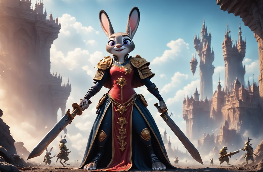 anthro armor fantasy female group hammer melee_weapon pose sword tools warhammer warrior weapon zootopia xerky judy_hopps lagomorph leporid mammal rabbit hi_res