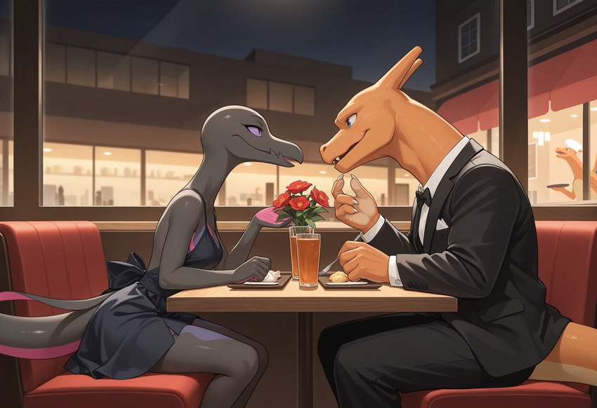 anthro beverage black_body black_clothing black_dress black_suit blue_eyes breasts chef_hat clothed clothing date dialogue dress duo eye_contact female flower food from_side happy hat headgear headwear leaning leaning_forward looking_at_another male male/female night orange_body plant purple_eyes restaurant sitting smile tail town window powerhead_(director) nintendo pokemon charizard dragon generation_1_pokemon generation_7_pokemon pokemon_(species) salazzle scalie hi_res