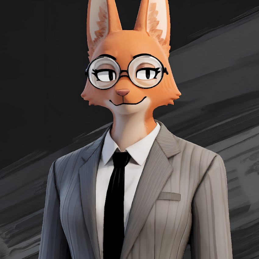 anthro black_background clothing eyewear female frosting.ai glasses necktie pink_nose round_glasses simple_background smile solo suit white_dress_shirt renz the_bad_guys diane_foxington canid canine fox mammal cel_shading hi_res shaded