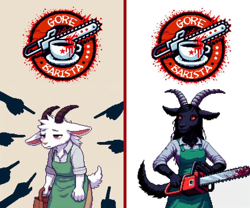 after_transformation apron before_and_after black_body black_fur black_hair blood bodily_fluids breasts bully bullying chainsaw clothed clothing container cup duo female fur gesture green_apron green_clothing group hair holding_object horn humiliation male pixelated pointing power_tool red_eyes shirt simple_background tail text tools topwear white_body unknown_director bovid caprine caprine_demon demon goat goat_demon mammal digital_media_(artwork) pixel_(artwork)
