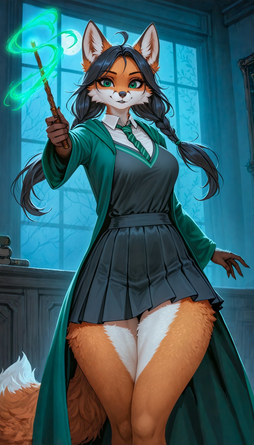 ahoge anthro black_hair bottomwear braided_hair claws clothing female fur green_eyes hair inside long_sleeves looking_at_viewer magic_user magic_wand moon necktie night_sky orange_body orange_fur parted_lips pigtails skirt solo standing twin_braids white_body white_fur ayo_keito canid canine fox mammal absurd_res hi_res