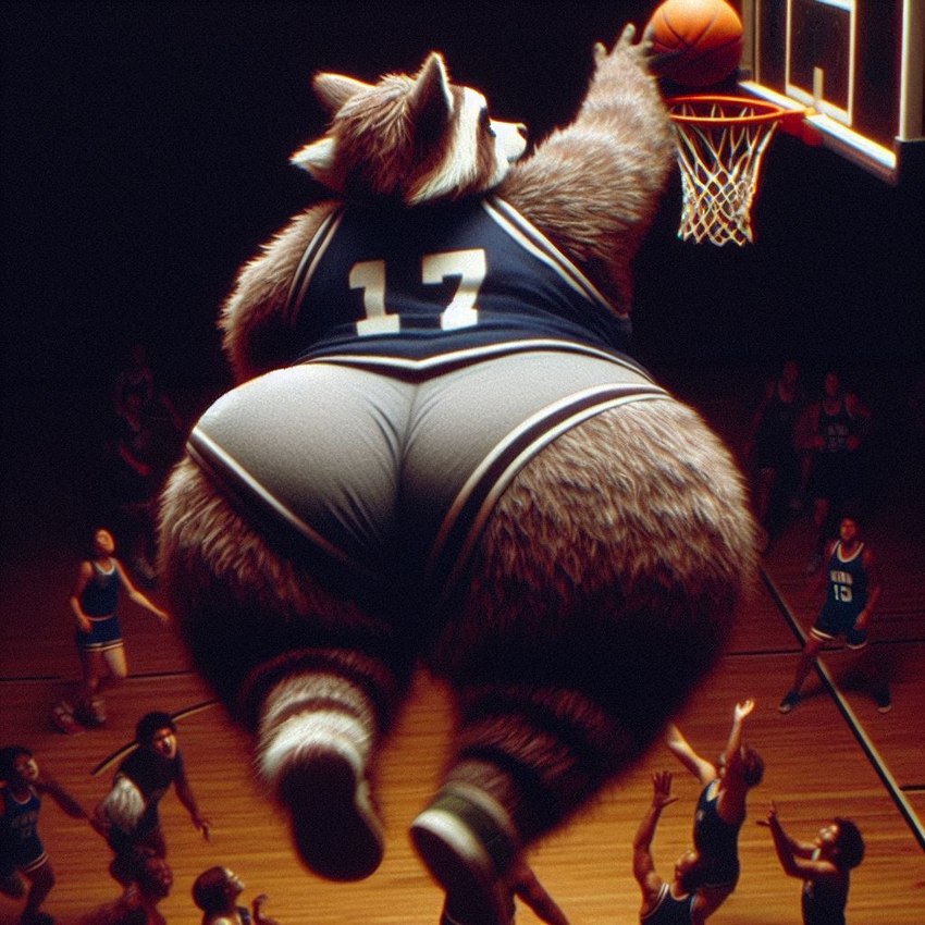 ambiguous_gender anthro basketball basketball_court basketball_hoop basketball_uniform big_butt butt clothed clothing footwear grey_body group huge_butt inside jumping light_body light_skin male shoes sneakers solo_focus sportswear tailless uniform wide_hips human mammal procyonid raccoon