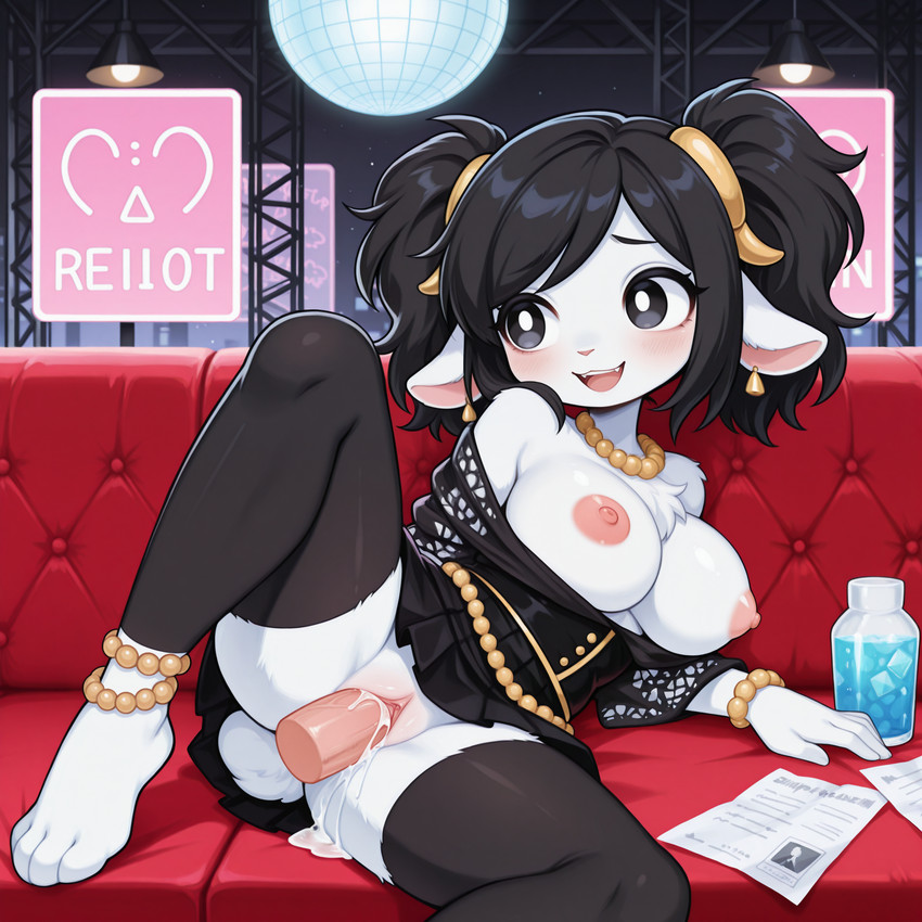 animal_ears anklet anthro bare_shoulders barefoot bead_necklace beads black_bottomwear black_clothing black_dress black_eyes black_hair black_leggings black_legwear black_skirt black_thighhighs blush bodily_fluids body_fur bottle bottomwear bracelet breasts clitoris clothed clothing cum cum_drip disembodied_penis dress dripping duo ear_piercing ear_ring exposed_breasts faceless_character faceless_male feet female fur furniture gem genital_fluids genitals goat_ears hair inside interspecies jewelry large_breasts leggings legwear looking_to_the_side lying male male/female necklace nipples no_bra off_shoulder on_side on_sofa open_mouth paper pearl_(gem) pearl_necklace penis piercing pupils pussy ring_piercing sex sitting skirt smile sofa solo_focus spread_legs spreading tail teeth thigh_highs tied_hair upper_teeth upper_teeth_only vaginal white_body white_fur white_pupils kraakai bovid caprine goat mammal hi_res