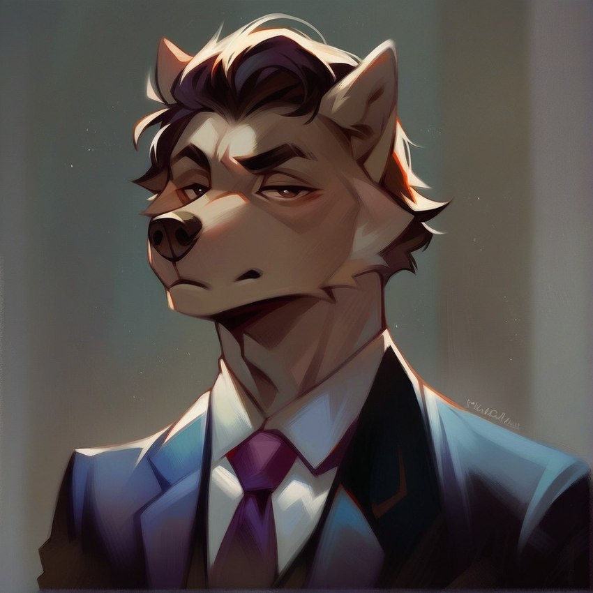 anthro blurred_background brown_body brown_fur brown_hair brown_nose clothing dramatic_lighting facial_tuft fur hair looking_at_viewer male messy_hair necktie simple_background solo suit unimpressed feralfresh canid canine canis mammal wolf portrait