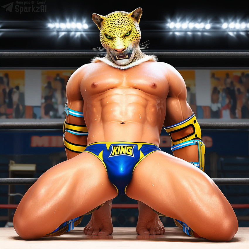 5_toes abs animal_mask biceps bodily_fluids bulge clothed clothing feet fighting_ring for_a_head fur green_eyes humanoid_feet kneeling looking_at_viewer male male_humanoid mask muscular muscular_humanoid muscular_male navel nipples pecs solo sweat teeth telegram telegram_logo text toes topless underwear whiskers wrestler sergalbutt tekken king_(tekken) animal_head animal_humanoid felid humanoid jaguar mammal pantherine 1:1 director_name signature url