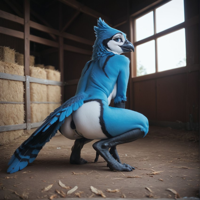 anthro anus avian_feet barn beak black_anus black_pussy blue_body blue_eyes blue_feathers butt crouching crouching_female feathers feet female genitals looking_at_viewer looking_back nude nudity presenting pussy solo toes white_body ilmpbx avian bird blue_jay corvid jay_(bird) new_world_jay oscine passerine hi_res