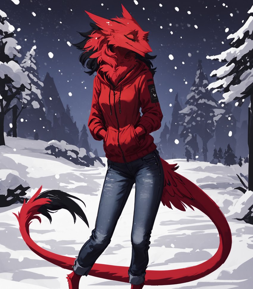 anthro black_highlights bottomwear breasts clothed clothing denim denim_clothing eyes_closed female fluffy forest fur hand_in_pocket highlights_(coloring) hoodie jeans long_tail neck_tuft night pants plant pockets red_body slim slim_female small_breasts smile snow snow_on_ground snowing solo tail_tuft topwear tree tuft oldhroft sergal hi_res