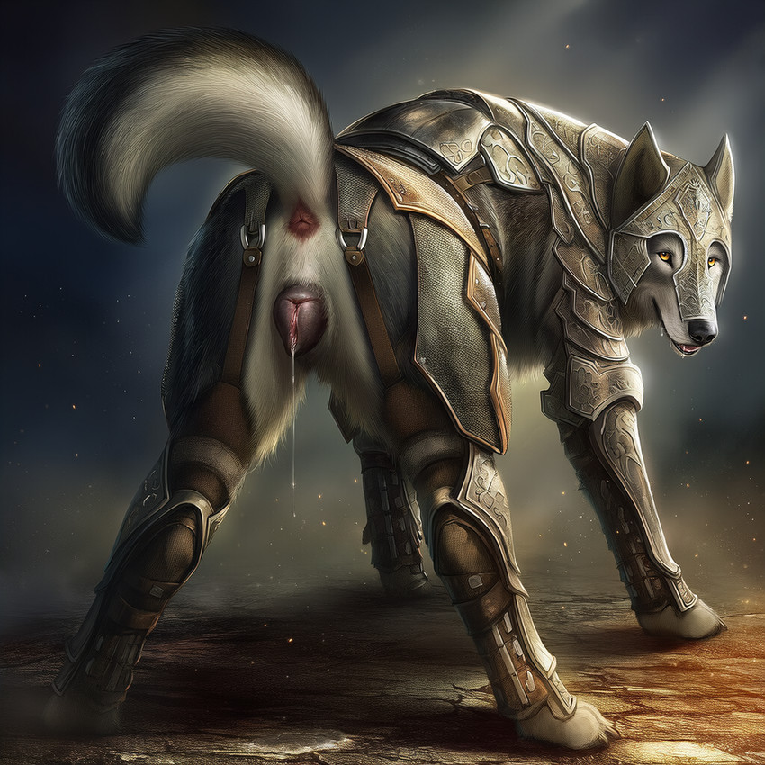 animal_genitalia animal_penis animal_pussy anus armor bodily_fluids butt canine_genitalia canine_penis canine_pussy female feral genital_fluids genitals looking_at_viewer looking_back looking_back_at_viewer paws penis presenting presenting_hindquarters pussy pussy_juice raised_tail rear_view simple_background solo tail firewolf890 canid canine canis mammal wolf hi_res