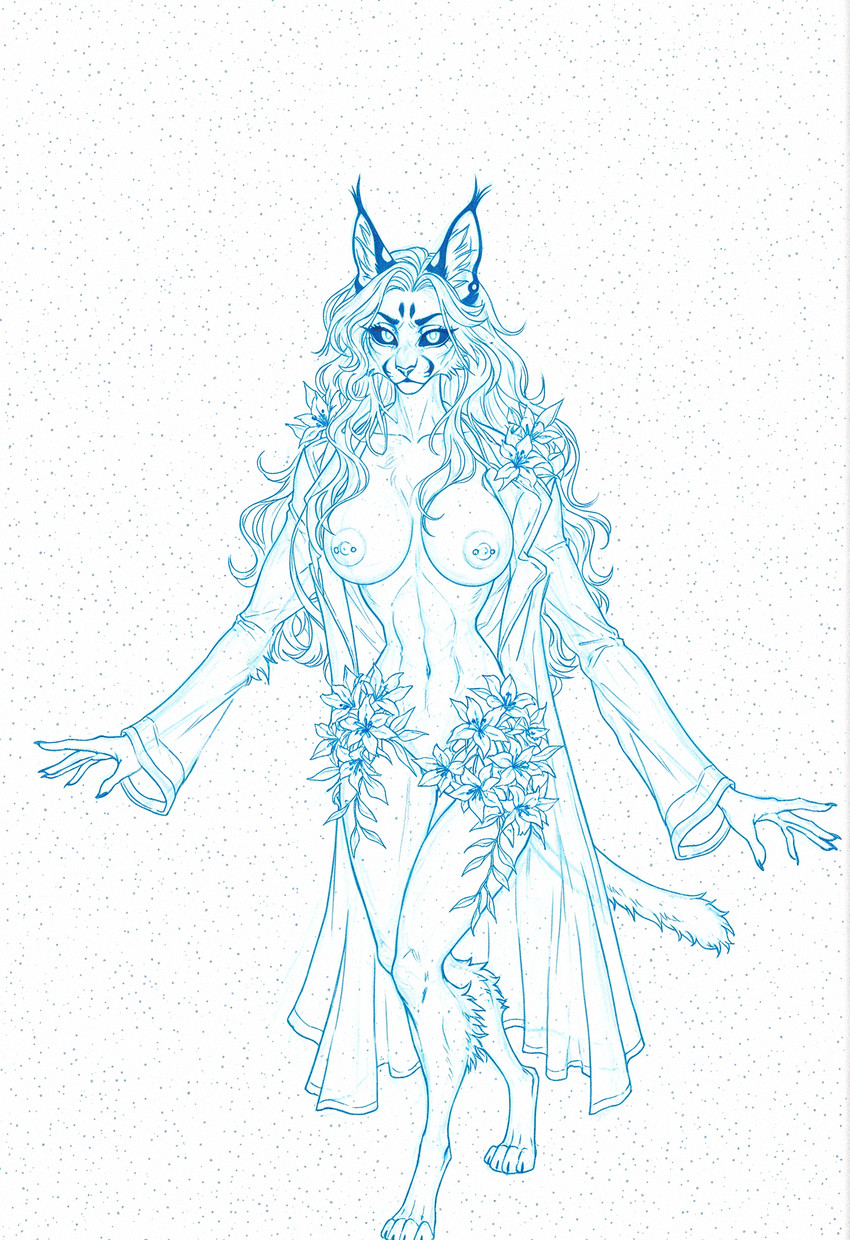 barbell_piercing breasts clothed clothing digitigrade ear_tuft ears_up female flower fluffy hair lily_(flower) lineup long_hair nipple_piercing nipples open_clothing open_shirt open_topwear piercing plant shirt slim_female solo tail topwear translucent translucent_clothing tuft akhiezer caracal caracal_(genus) felid feline mammal absurd_res hi_res sketch