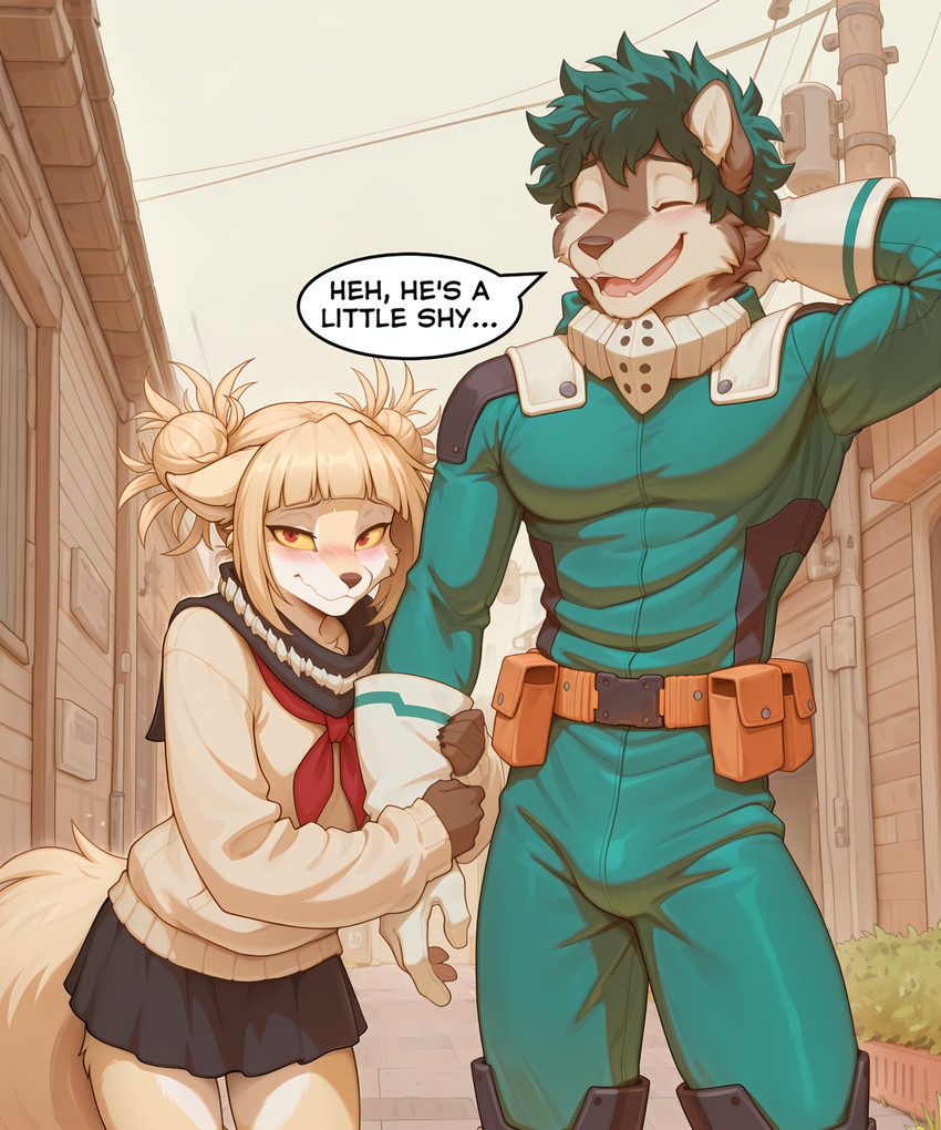 anthro blush bottomwear building bulge clothed clothing cosplay crossdressing dialogue duo eyes_closed female fur gloves green_hair hair handwear male male/male outside skirt smile text uniform white_body white_fur yellow_eyes anontk my_hero_academia twokinds brutus_(twokinds) clovis_(twokinds) himiko_toga izuku_midoriya canid canine canis domestic_dog mammal 2021 english_text hi_res