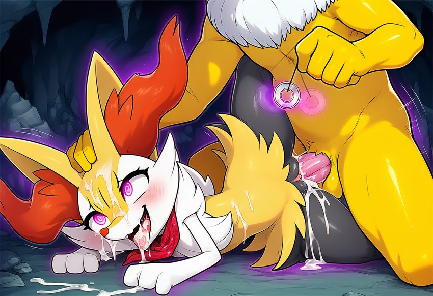 ahegao anthro ascot bodily_fluids cave clothed clothing cum cum_in_mouth cum_inside cum_on_face erection female fur genital_fluids genitals humanoid_genitalia humanoid_penis hypnosis looking_at_another looking_pleasured male male/female mind_control penile penis sex solo spiral_eyes yellow_body yellow_fur stressedout nintendo pokemon braixen generation_1_pokemon generation_6_pokemon hypno_(pokémon) pokemon_(species)
