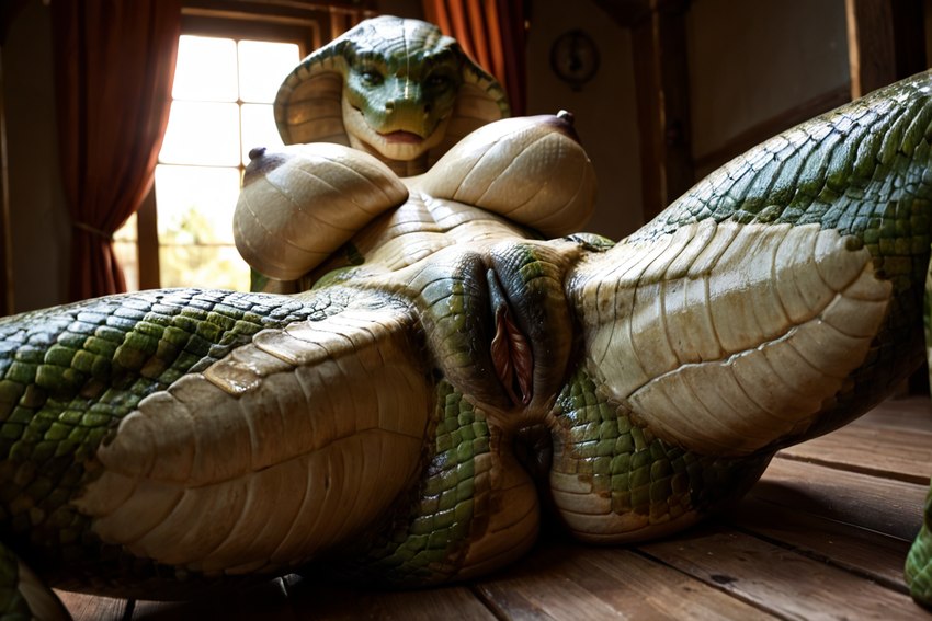 big_breasts black_nipples black_pussy breasts countershading female genitals green_body green_scales lying nipples on_back on_ground pussy scales niru reptile scalie snake