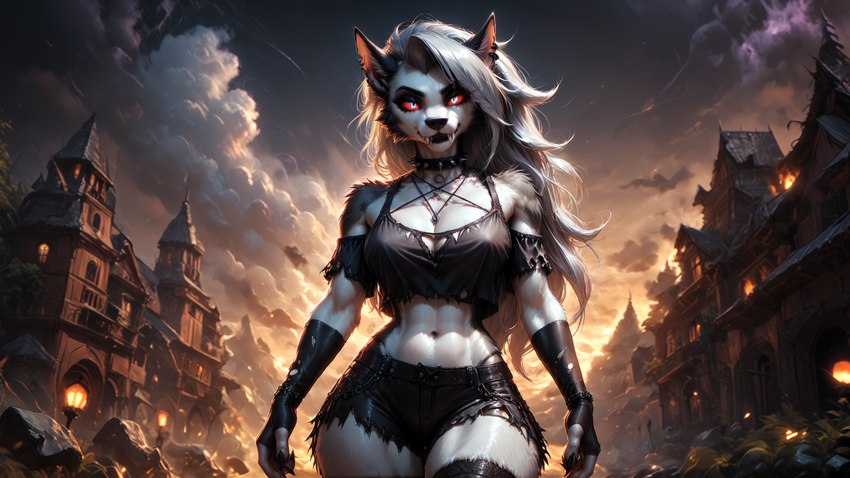 abs anthro bottomwear breasts clothed clothing detailed_background female fur hair looking_at_viewer scenery smile solo standing topwear white_body white_fur director_elkkue loona_(helluva_boss) canid canid_demon canine canis demon hellhound mammal wolf 16:9 detailed hi_res wallpaper widescreen