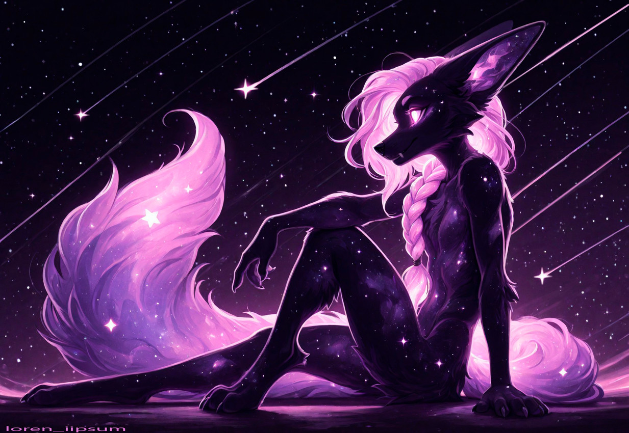 ambiguous_gender braided_hair celestial_body cosmic_hair digitigrade ethereal_hair fangs glowing glowing_eyes glowing_hair glowing_tail hair markings shooting_star sitting_on_ground sky solo star star_(marking) starry_sky tail_markings teeth loren_iipsum canid canine canis mammal wolf 2025 hi_res signature wallpaper