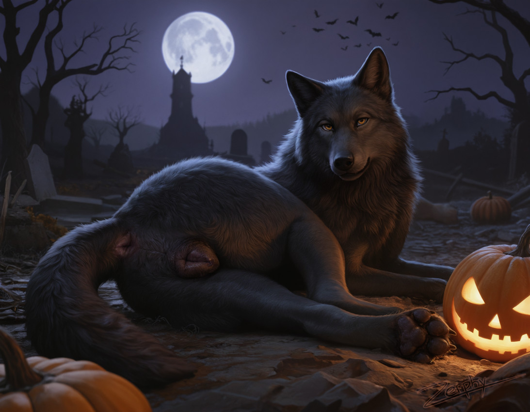 amber_eyes anatomically_correct anatomically_correct_genitalia anatomically_correct_pussy animal_genitalia animal_pussy anus black_body black_fur black_nose black_pawpads building butt canine_genitalia canine_pussy cemetery claws female feral fluffy fluffy_tail fog food fruit full_moon fur genitals halloween inner_ear_fluff jack-o'-lantern looking_at_viewer looking_back looking_back_at_viewer lying moon night on_front on_ground on_side outside pawpads paws plant presenting presenting_anus presenting_hindquarters presenting_pussy pumpkin pussy realistic_feral rear_view sky solo tail tail_anus tombstone tree tuft zerphy bat canid canine canis mammal wolf 2025 digital_media_(artwork) hi_res signature