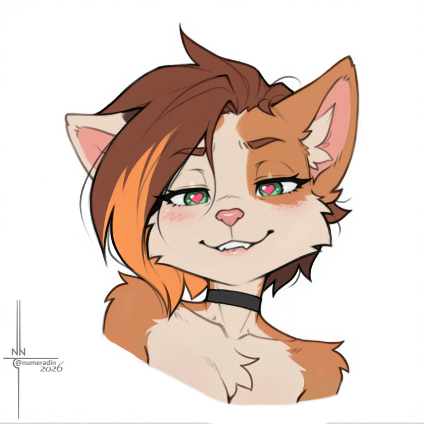 <3 <3_eyes anthro bite biting_lip blush blush_lines brown_hair choker choker_only countershading_fur cute_fangs female fluffy fur green_eyes hair jewelry lidded_eyes lips looking_at_viewer looking_pleasured low-angle_view mottled multicolored_hair necklace necklace_only nude orange_body orange_fur piebald pink_lips pink_nose simple_background smile solo torogao tuft numeradin calico_cat domestic_cat felid feline felis mammal bust_portrait hi_res portrait