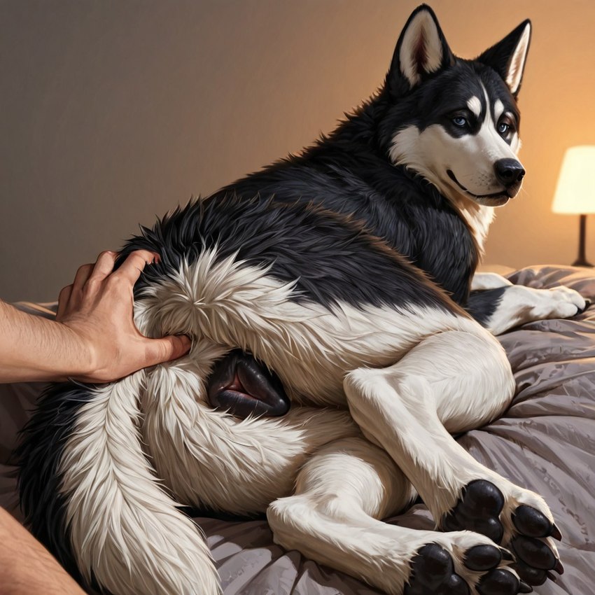 animal_genitalia animal_pussy anus butt canine_genitalia canine_pussy duo female feral fur genitals looking_at_viewer male male/female presenting pussy white_body white_fur director_donki canid canine canis domestic_dog human husky mammal nordic_sled_dog spitz
