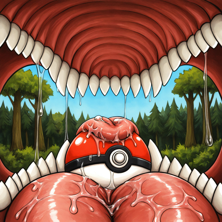 ambiguous_gender bodily_fluids day drooling fangs forest plant pokeball pokeball_vore reverse_mouth_shot saliva solo teeth tongue tree vore thedavid nintendo hi_res