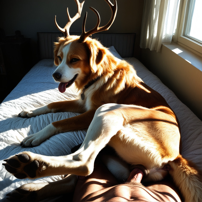 4_toes anatomically_correct anatomically_correct_genitalia anatomically_correct_pussy animal_genitalia animal_pussy antlers anus bed bedding bedroom bestiality bodily_fluids brown_body brown_fur butt canine_genitalia canine_pussy claws collar collar_only detailed_background digitigrade duo erection faceless_character faceless_human faceless_male feet female female_focus female_on_human female_penetrated feral feral_focus feral_penetrated first_person_view floppy_ears fur furniture genital_fluids genitals horn human_on_feral human_penetrating human_penetrating_female human_penetrating_feral inside interspecies kneeling_on_bed light light_beam looking_at_viewer looking_back looking_pleasured lying male male/female male_on_feral male_penetrating male_penetrating_female male_penetrating_feral male_pov multicolored_body multicolored_fur narrowed_eyes nude on_bed open_mouth pawpads paws penetration penile penile_penetration penis penis_in_pussy photorealism pussy quadruped sex solo_focus sunbeam sunlight tail teeth toes tongue tongue_out vaginal vaginal_fluids vaginal_penetration vein veiny_penis window balloon_(director) bird_dog canid canine canis domestic_dog human hunting_dog mammal retriever absurd_res digital_media_(artwork) hi_res