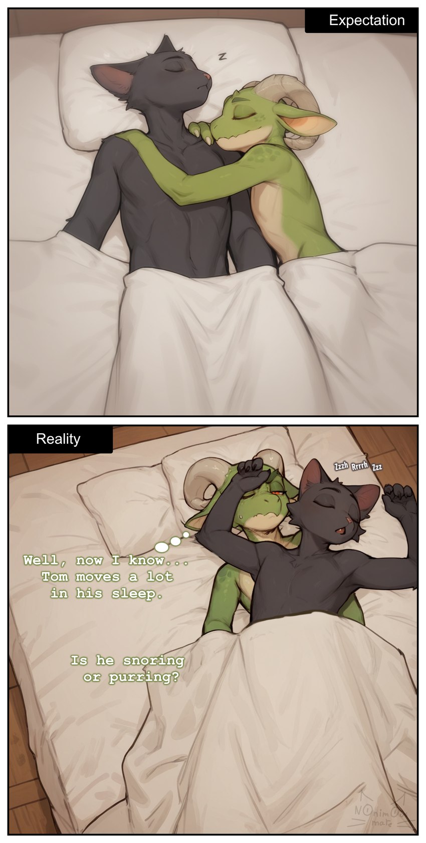 annoyed_expression anthro bed bed_sheet bedding bodily_fluids dialogue duo furniture hand_on_face high-angle_view male male/male shirtless sleeping sweat sweatdrop tired nonimousmate jack_the_kobold tom_the_cat domestic_cat felid feline felis kobold mammal absurd_res hi_res