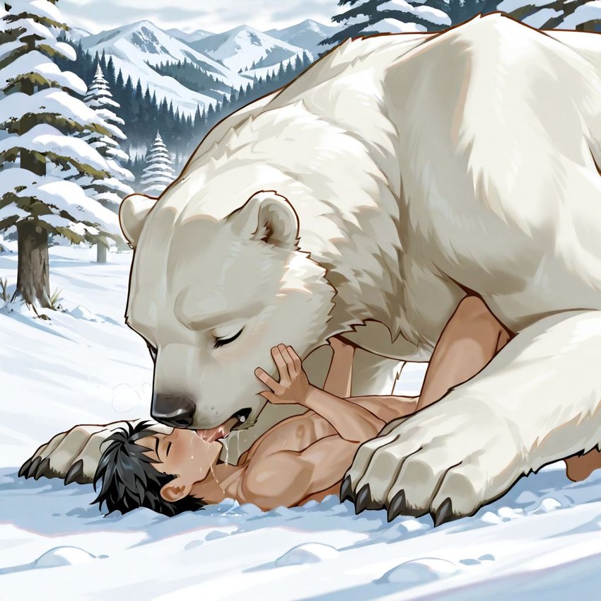 5_fingers ambiguous_gender ambiguous_on_top anatomically_correct bestiality bodily_fluids claws detailed_background detailed_fur dominant dominant_ambiguous duo eyes_closed feral fingers french_kissing fur hand_on_face hand_on_head human_on_feral interspecies kissing larger_ambiguous larger_feral looking_pleasured lying male male/ambiguous messy on_back on_top pinned_to_ground saliva size_difference snow snowy_land snowy_mountains snowy_trees tongue tongue_out director_andafo snowflake_(andafo) human mammal polar_bear ursid ursine detailed shaded story story_in_description