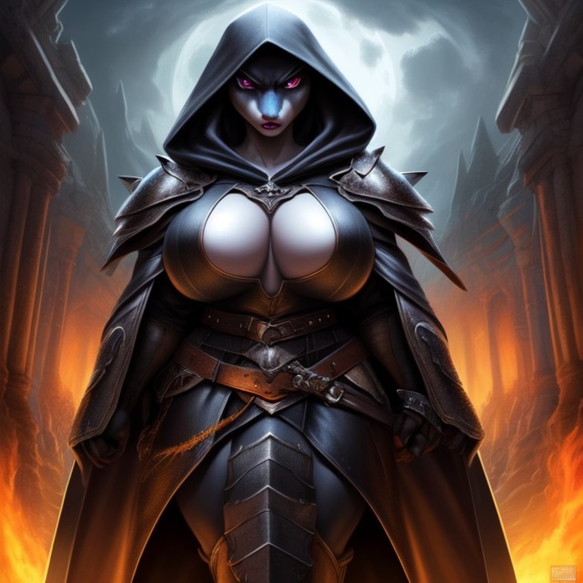 angry_expression anthro armor arms_by_side belt big_breasts blue_body blue_scales breasts cleavage cleavage_cutout clothed clothing cloudy fantasy female fur glowing glowing_eyes grey_body grey_fur grey_scales hood hooded_cloak inner_boob intense_gaze leather leather_armor looking_at_viewer metal_armor pink_eyes scales shoulder_armor solo solo_focus standing wahrdu lizard reptile scalie hi_res