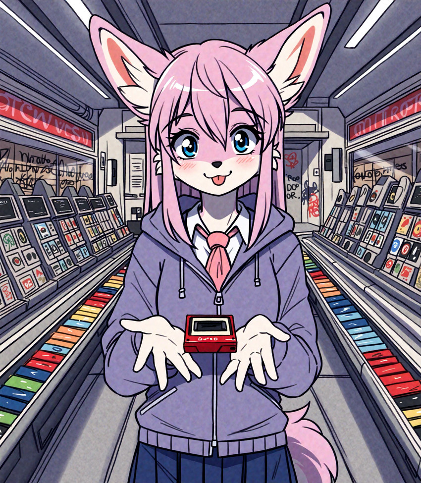 1990s anthro blue_eyes bottomwear clothing convenience_store female female/female fluffy fur graffiti hair hoodie lace necktie pale_skin pleated_skirt purple_hair sidelocks skirt solo solo_focus sparkles tape topwear holo_(director) canid canine canis domestic_dog mammal absurd_res hi_res portrait