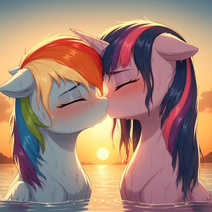 bangs blush cloud duo ears_up eyes_closed female female/female feral folded_wings friendship_is_magic hair hasbro horn kissing lake light mane multicolored_hair multicolored_mane partially_submerged sitting sun sunlight sunset water_drops wet wet_body wet_hair wings tyto4tme4l rainbow_dash_(mlp) twilight_sparkle_(mlp) equid equine mammal my_little_pony pegasus winged_unicorn hi_res