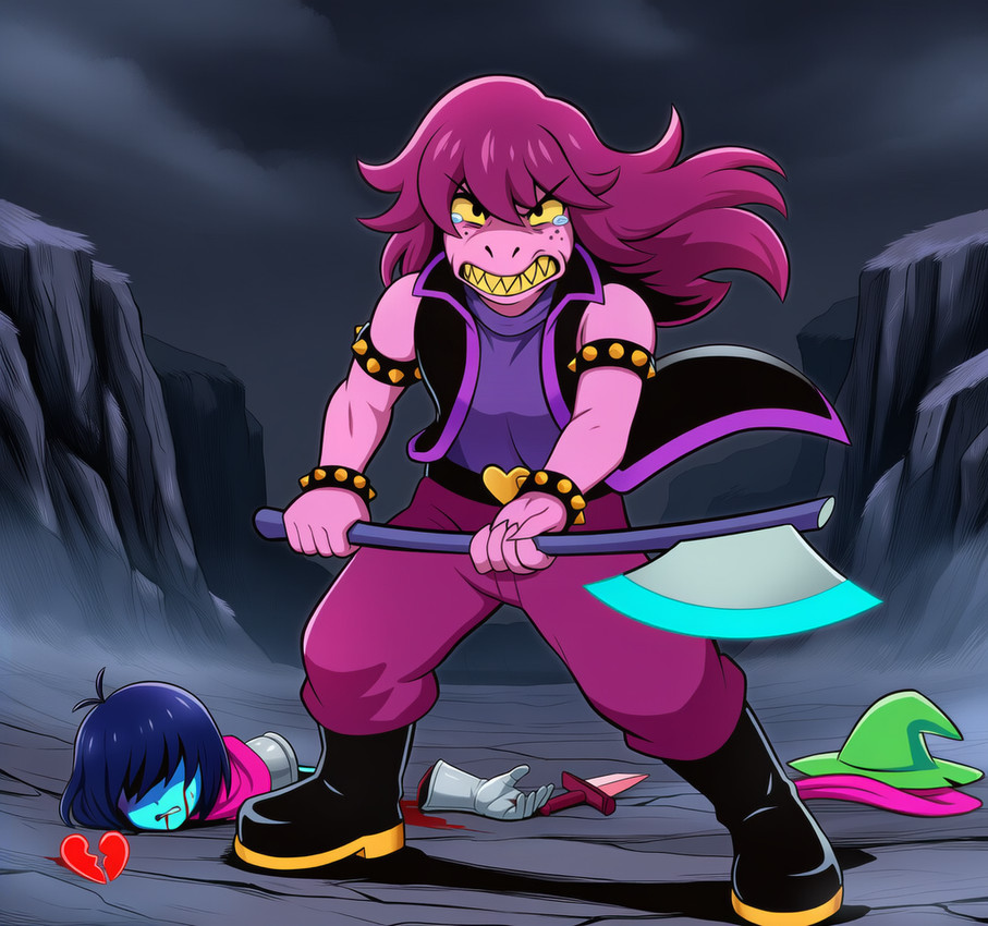 angry anthro armor axe blood blue_body bodily_fluids bracelet clenched_teeth clothing cloud cloudy death defeated desperation discarded_clothing dismembered female fighting_pose group hair heart_symbol jewelry long_hair male melee_weapon mythology on_ground pose purple_body sky spiked_bracelet spikes standing sword tears teeth trio weapon wind yasuhikonsfw deltarune undertale_(series) kris_(deltarune) ralsei susie_(deltarune) bovid caprine dragon goat human humanoid mammal monster mythological_creature mythological_scalie scalie